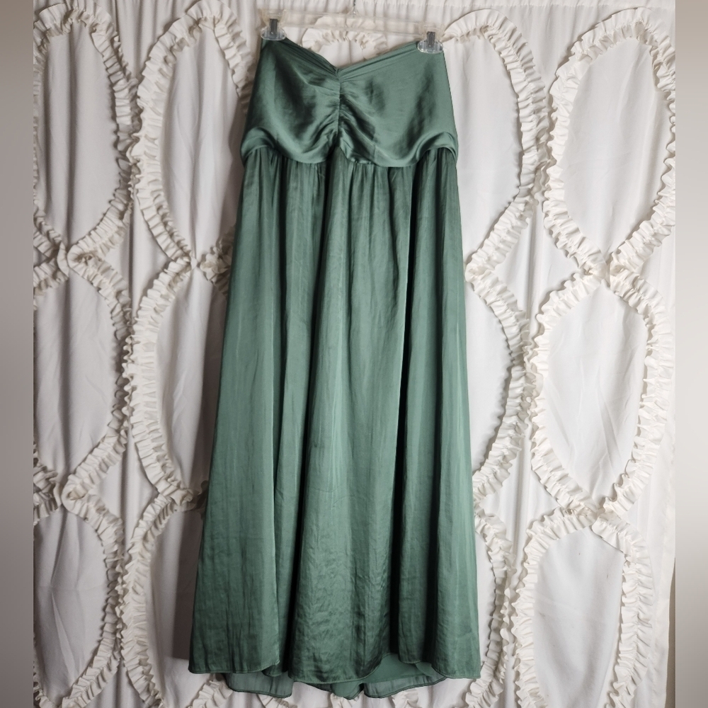 Anthropologie Strapless Green Satin Slit Midi Dress Current Air sz XS